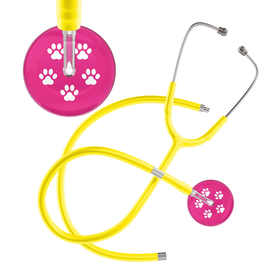 Ultrascope Single Stethoscope White Paw Hot Pink Background / Adult / Yellow Extended Tubing White Paw Print Light Background Stethoscope