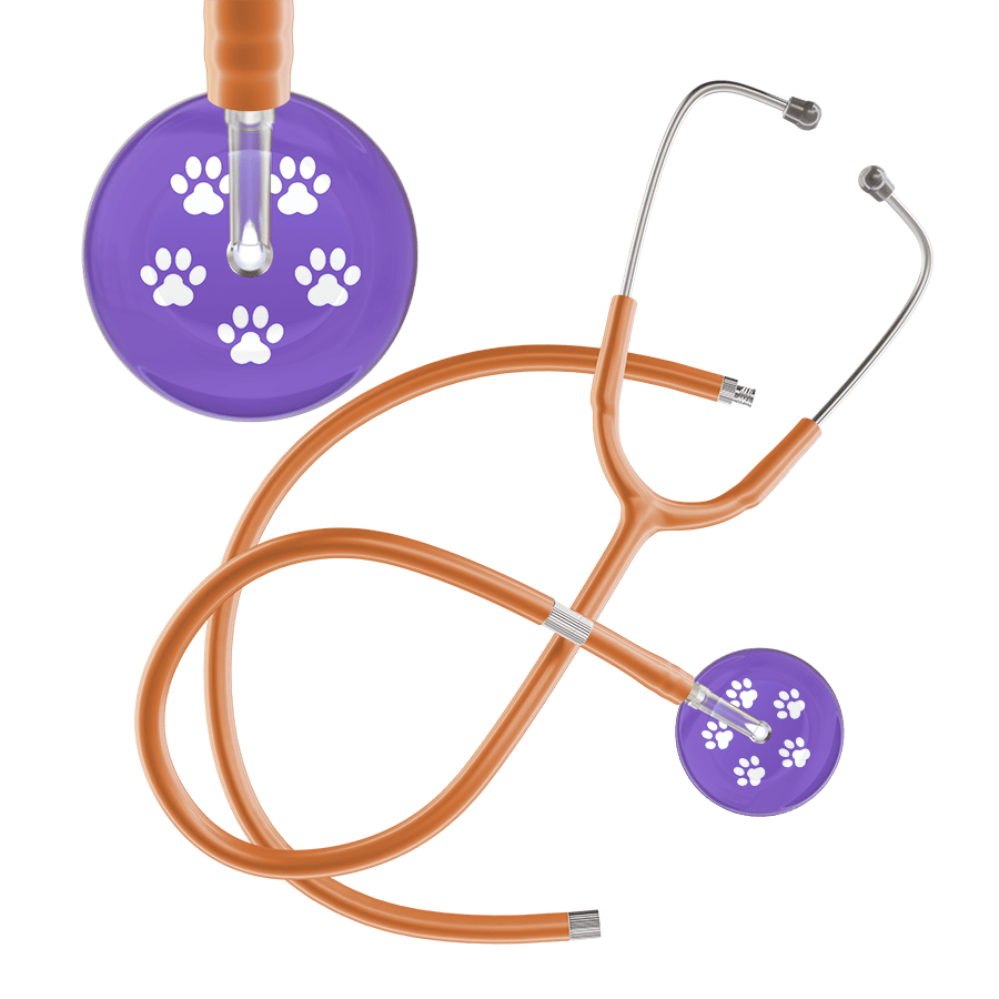 Ultrascope Single Stethoscope White Paw Lavender Background / Adult / Caramel Extended Tubing White Paw Print Light Background Stethoscope