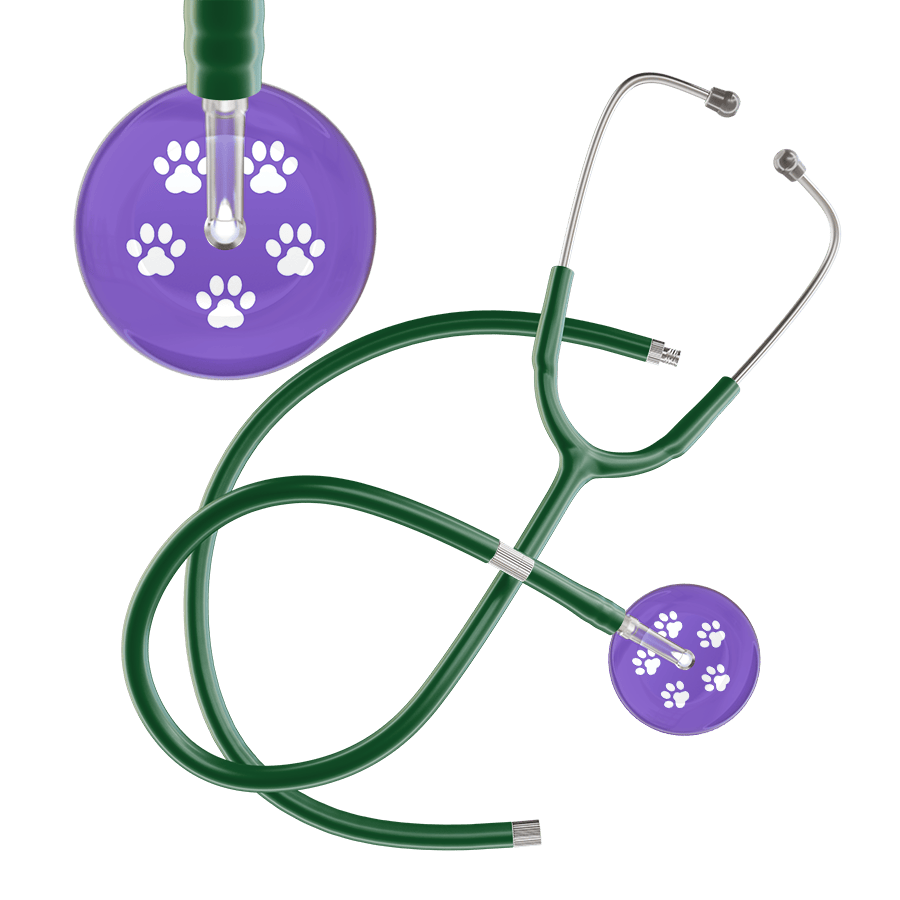 Ultrascope Single Stethoscope White Paw Lavender Background / Adult / Dark Green Extended Tubing White Paw Print Light Background Stethoscope