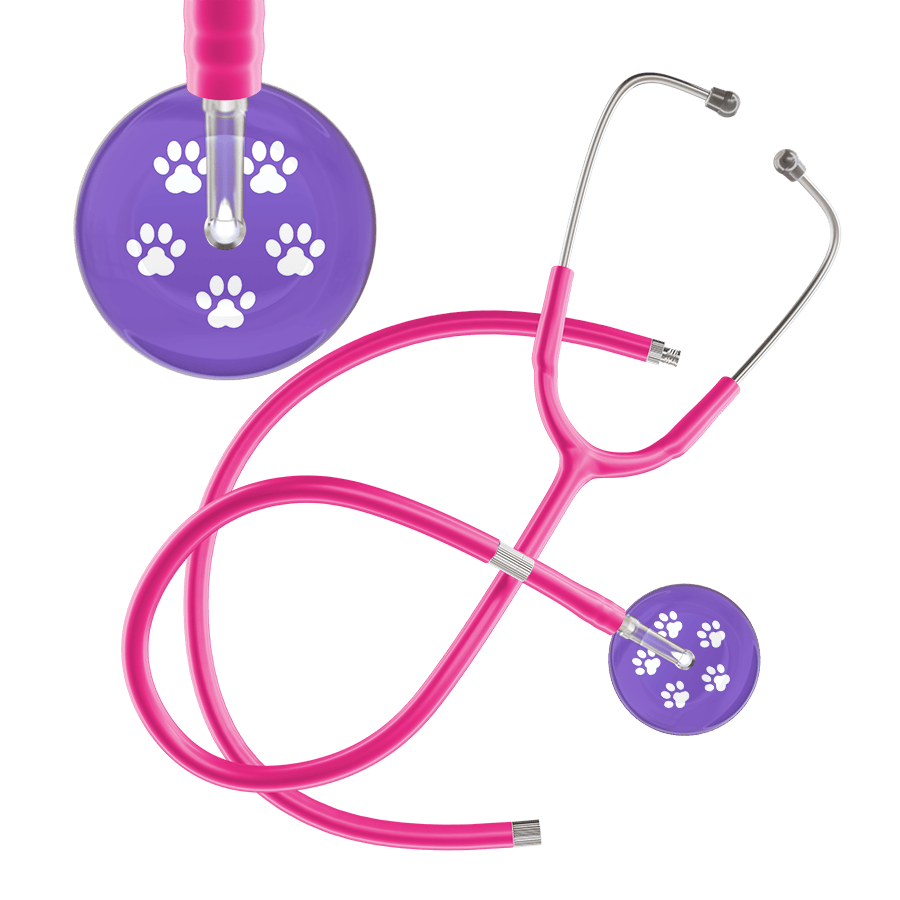 Ultrascope Single Stethoscope White Paw Lavender Background / Adult / Hot Pink Extended Tubing White Paw Print Light Background Stethoscope