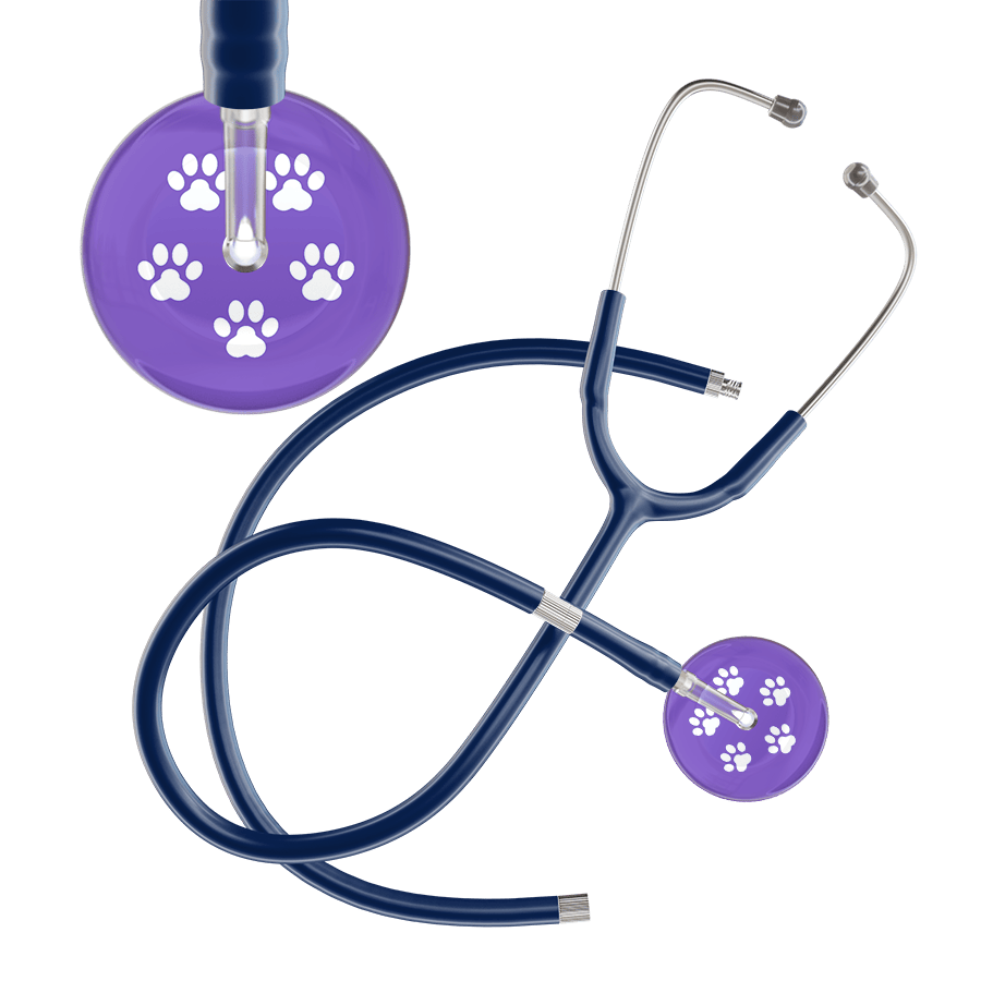 Ultrascope Single Stethoscope White Paw Lavender Background / Adult / Navy Extended Tubing White Paw Print Light Background Stethoscope