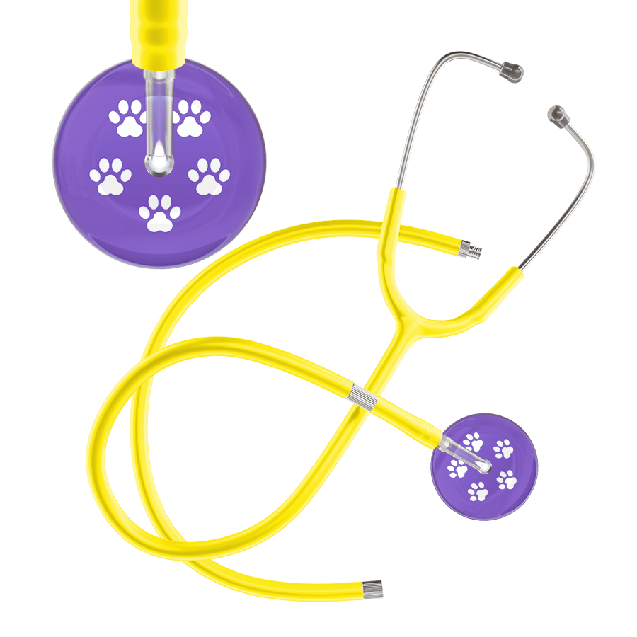Ultrascope Single Stethoscope White Paw Lavender Background / Adult / Yellow Extended Tubing White Paw Print Light Background Stethoscope