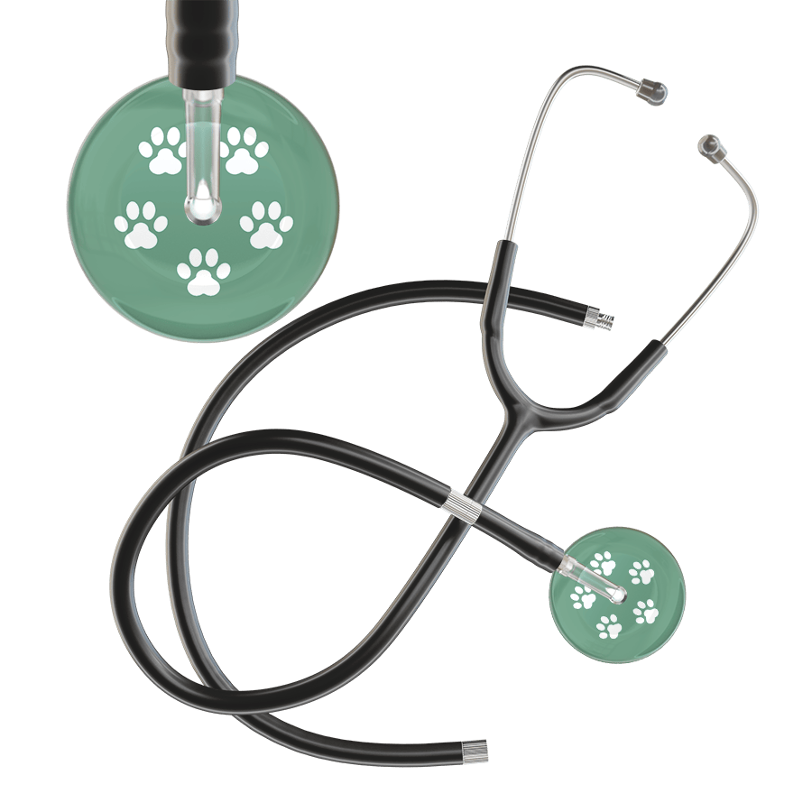 Ultrascope Single Stethoscope White Paw Sage Background / Adult / Black Extended Tubing White Paw Print Light Background Stethoscope