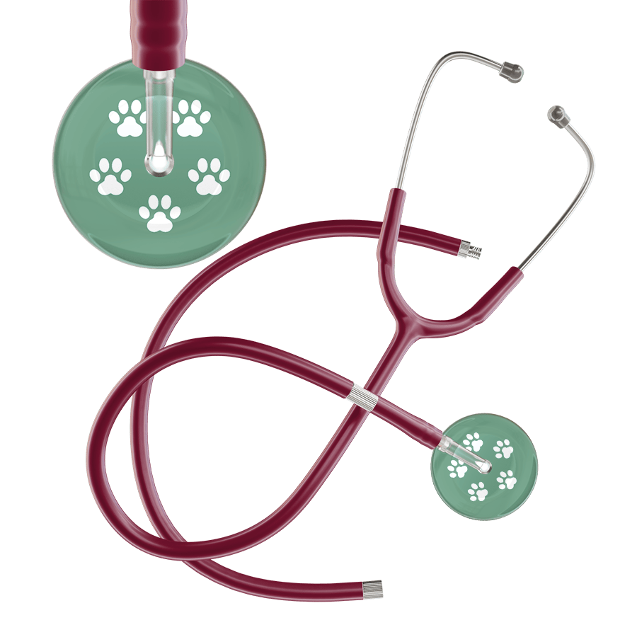 Ultrascope Single Stethoscope White Paw Sage Background / Adult / Burgundy Extended Tubing White Paw Print Light Background Stethoscope