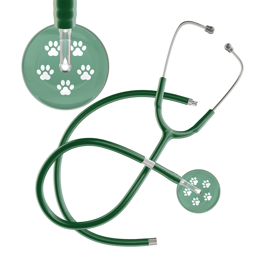 Ultrascope Single Stethoscope White Paw Sage Background / Adult / Dark Green Extended Tubing White Paw Print Light Background Stethoscope
