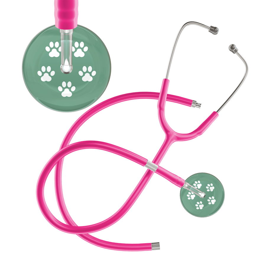 Ultrascope Single Stethoscope White Paw Sage Background / Adult / Hot Pink Extended Tubing White Paw Print Light Background Stethoscope