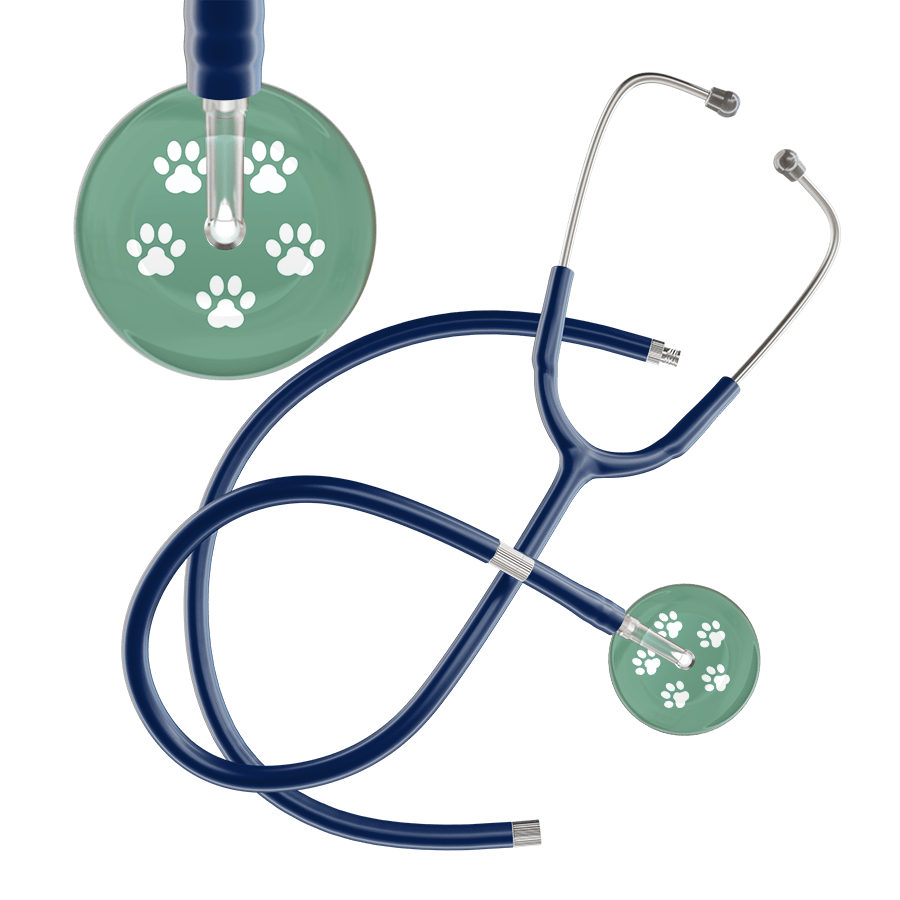 Ultrascope Single Stethoscope White Paw Sage Background / Adult / Navy Extended Tubing White Paw Print Light Background Stethoscope