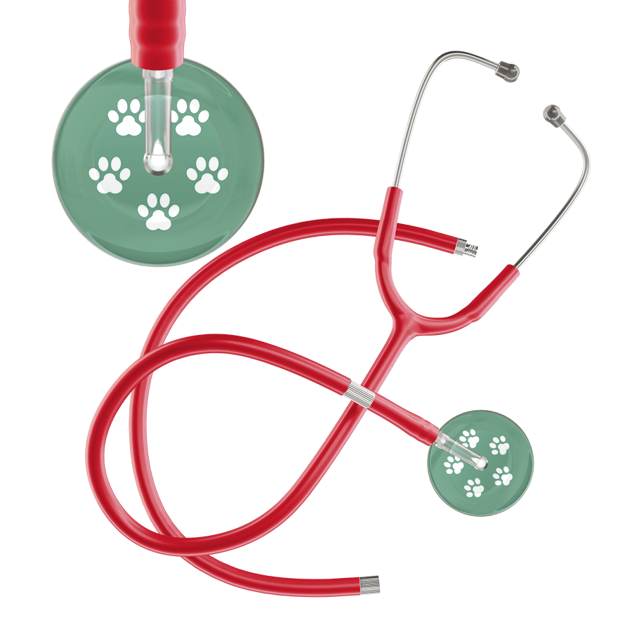 Ultrascope Single Stethoscope White Paw Sage Background / Adult / Red Extended Tubing White Paw Print Light Background Stethoscope