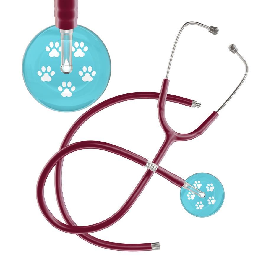 Ultrascope Single Stethoscope White Paw Turquoise Background / Adult / Burgundy Extended Tubing White Paw Print Light Background Stethoscope