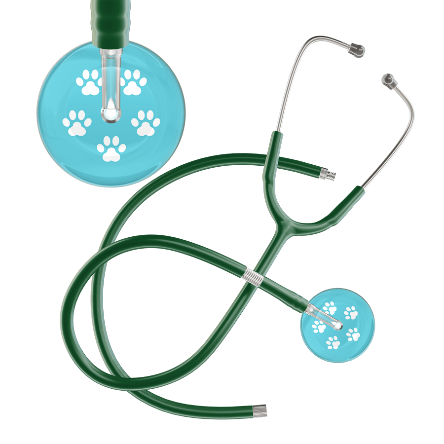 Ultrascope Single Stethoscope White Paw Turquoise Background / Adult / Dark Green Extended Tubing White Paw Print Light Background Stethoscope
