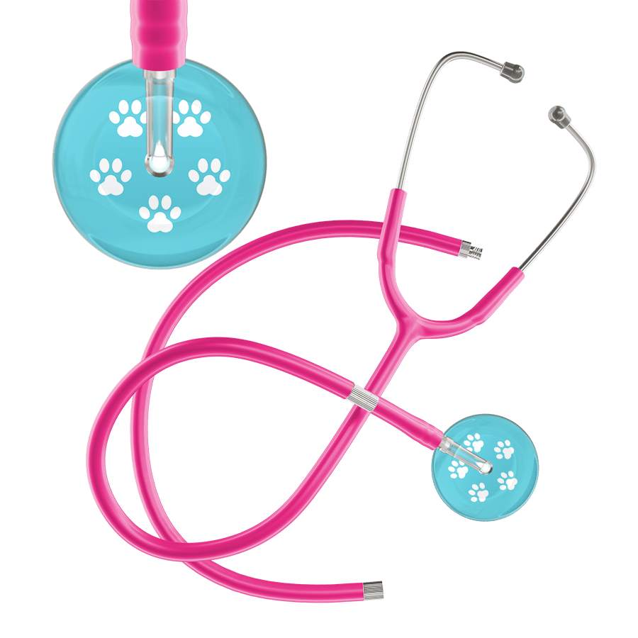 Ultrascope Single Stethoscope White Paw Turquoise Background / Adult / Hot Pink Extended Tubing White Paw Print Light Background Stethoscope