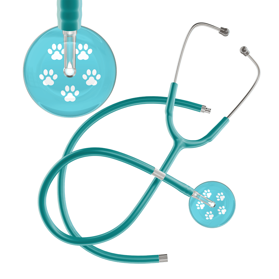 Ultrascope Single Stethoscope White Paw Turquoise Background / Adult / Jade Extended Tubing White Paw Print Light Background Stethoscope