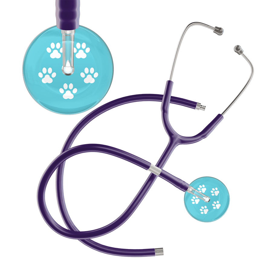 Ultrascope Single Stethoscope White Paw Turquoise Background / Adult / Purple Extended Tubing White Paw Print Light Background Stethoscope