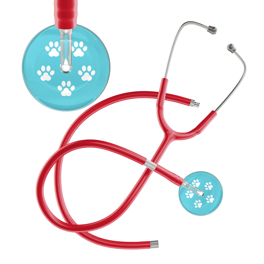 Ultrascope Single Stethoscope White Paw Turquoise Background / Adult / Red Extended Tubing White Paw Print Light Background Stethoscope