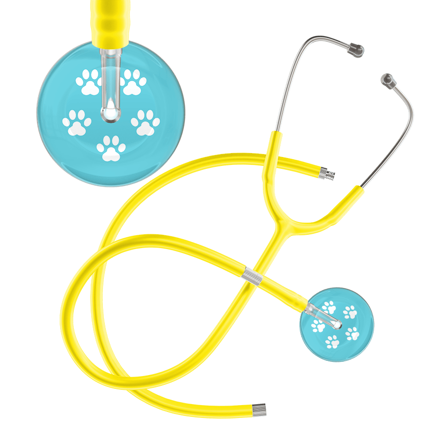 Ultrascope Single Stethoscope White Paw Turquoise Background / Adult / Yellow Extended Tubing White Paw Print Light Background Stethoscope