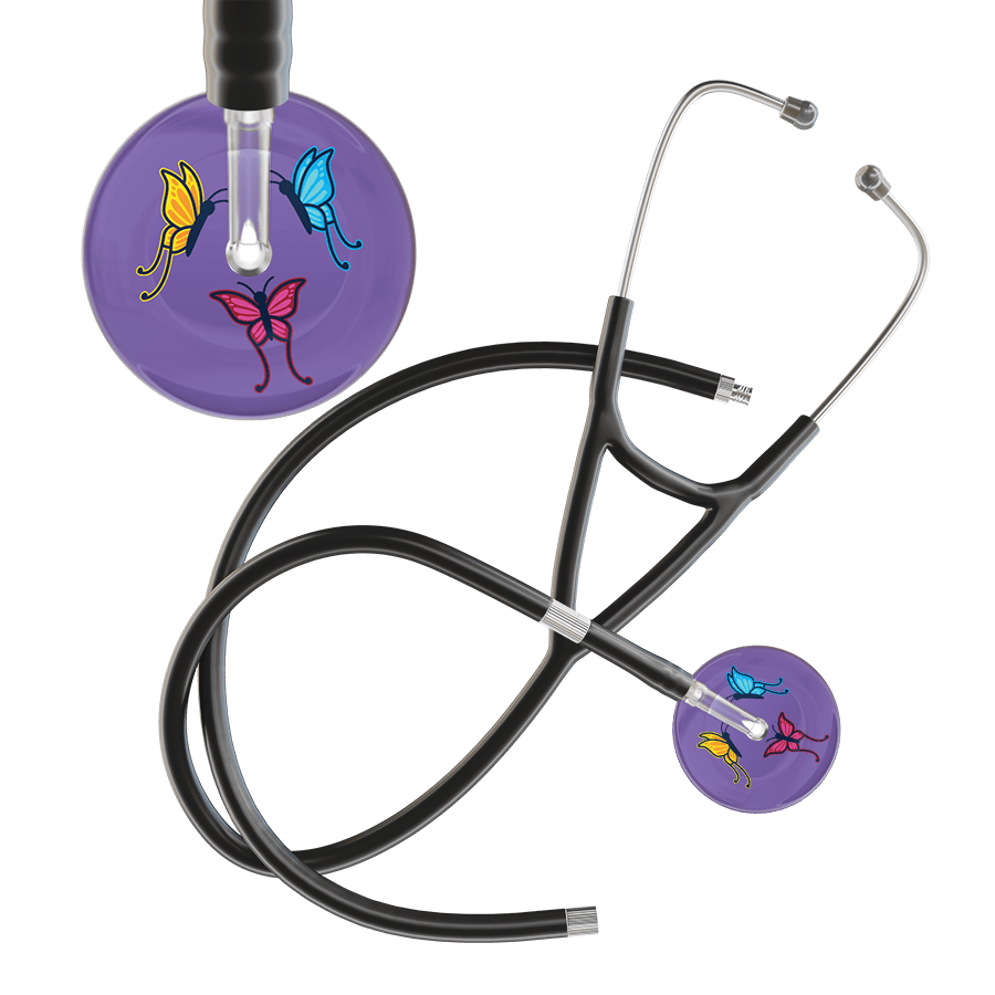 Ultrascope Single Stethoscope Lavender Butterflies / Adult / Black Extended Tubing Dark Butterflies Cardiology Stethoscope