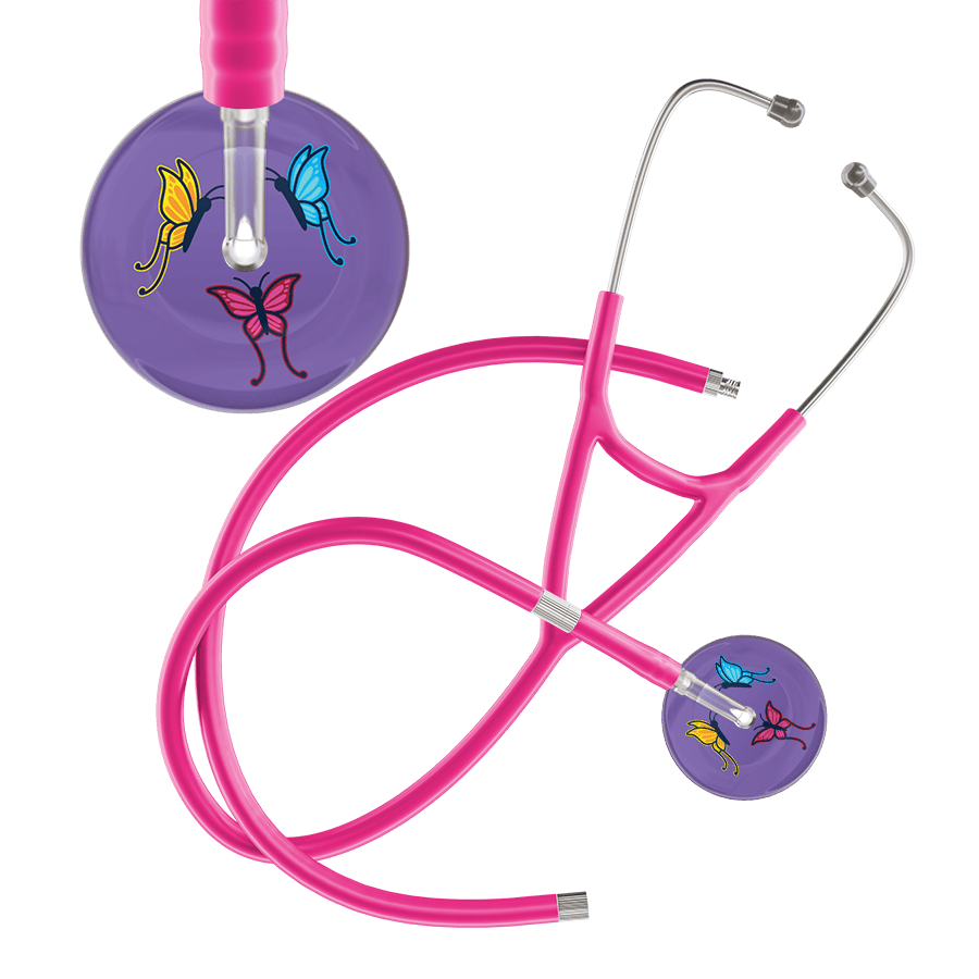 Ultrascope Single Stethoscope Lavender Butterflies / Adult / Hot Pink Extended Tubing Dark Butterflies Cardiology Stethoscope