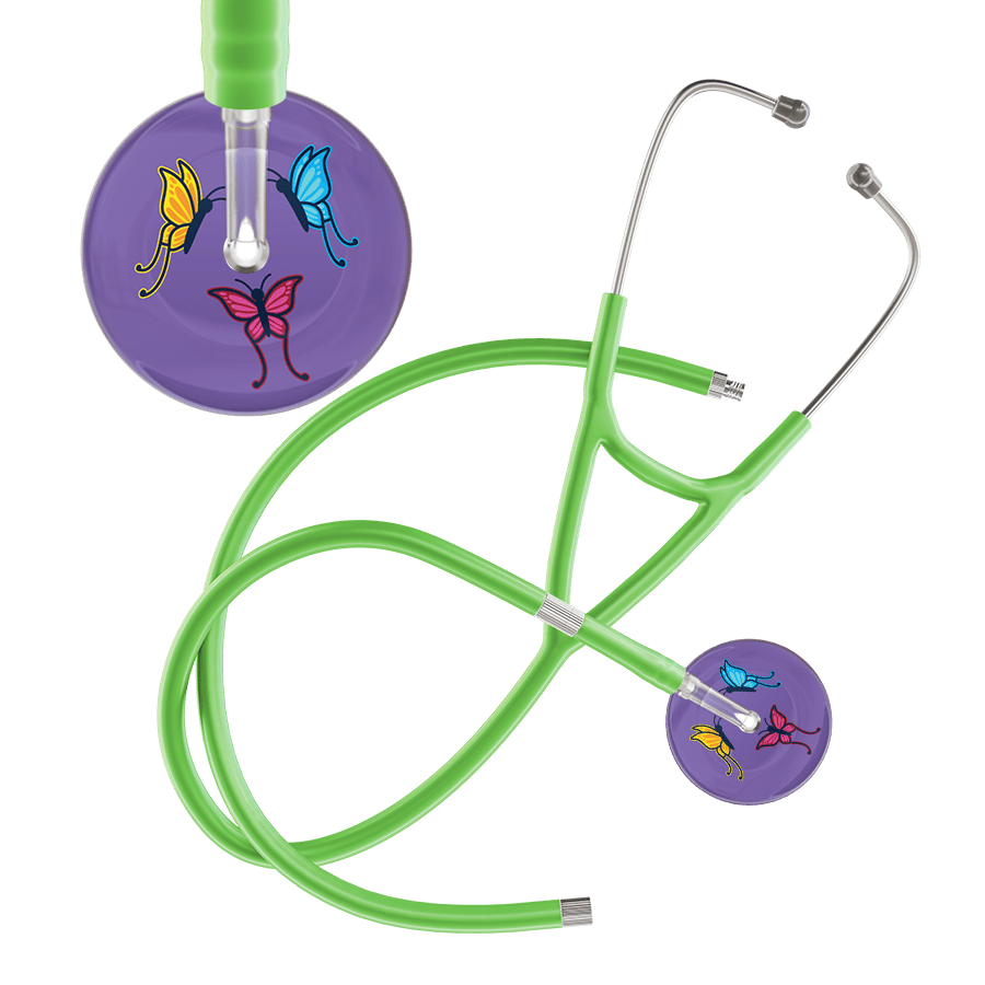 Ultrascope Single Stethoscope Lavender Butterflies / Adult / Lime Green Extended Tubing Dark Butterflies Cardiology Stethoscope