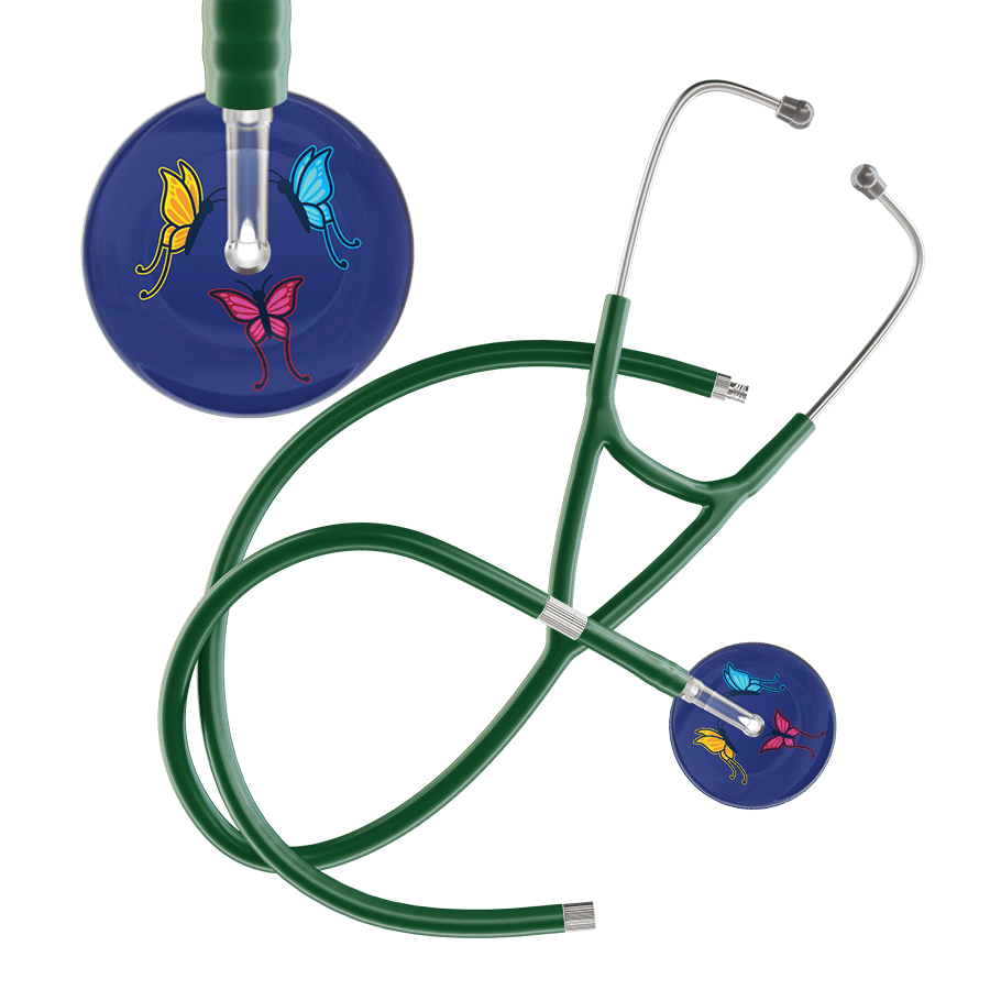 Ultrascope Single Stethoscope Royal Blue Butterflies / Adult / Dark Green Extended Tubing Dark Butterflies Cardiology Stethoscope