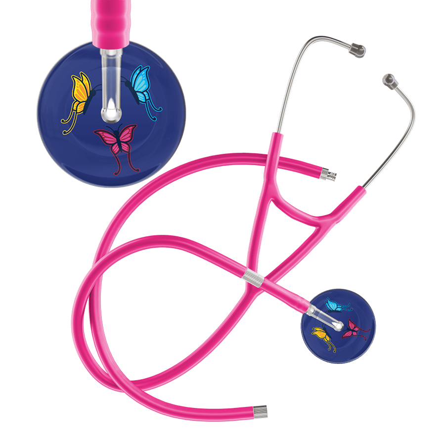 Ultrascope Single Stethoscope Royal Blue Butterflies / Adult / Hot Pink Extended Tubing Dark Butterflies Cardiology Stethoscope