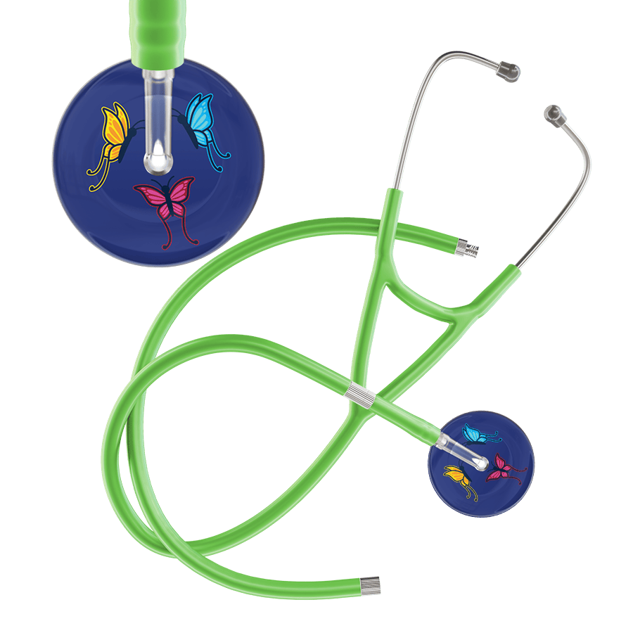 Ultrascope Single Stethoscope Royal Blue Butterflies / Adult / Lime Green Extended Tubing Dark Butterflies Cardiology Stethoscope