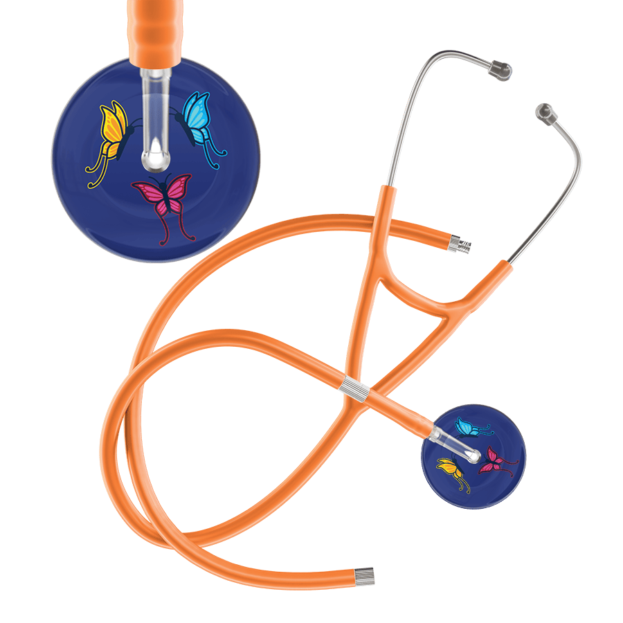 Ultrascope Single Stethoscope Royal Blue Butterflies / Adult / Orange Extended Tubing Dark Butterflies Cardiology Stethoscope