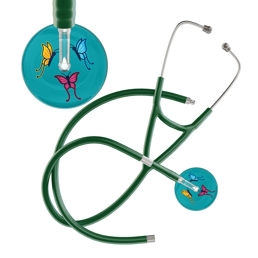 Ultrascope Single Stethoscope Teal Butterflies / Adult / Dark Green Extended Tubing Dark Butterflies Cardiology Stethoscope