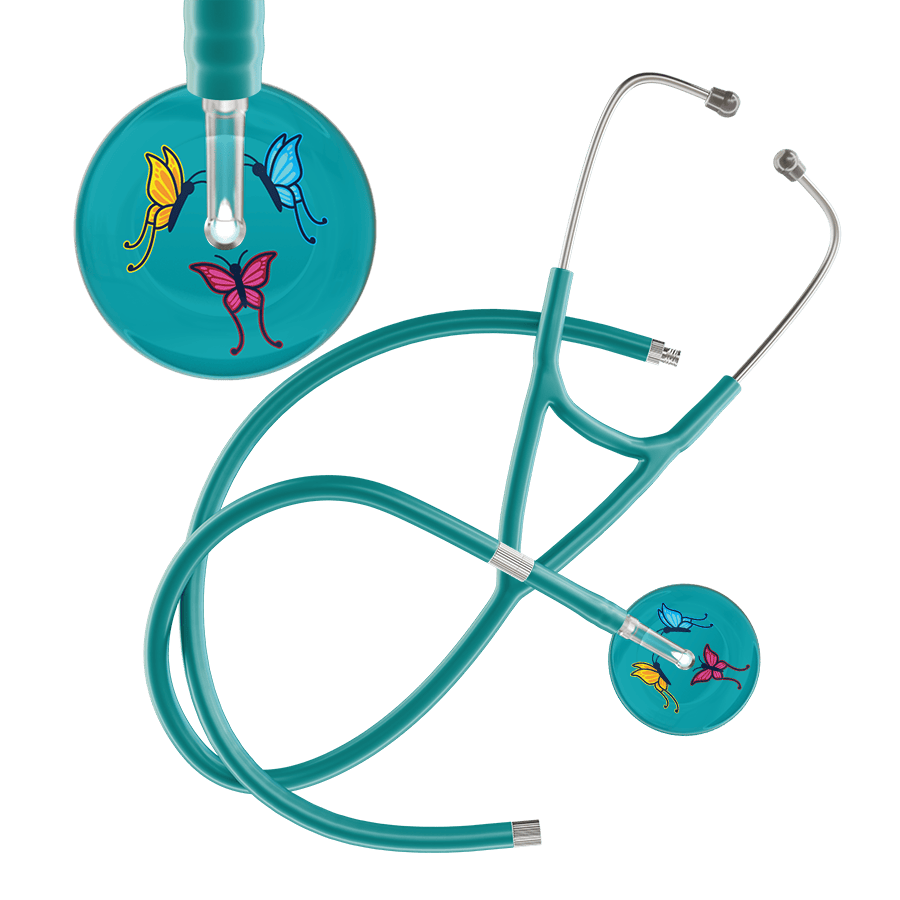Ultrascope Single Stethoscope Teal Butterflies / Adult / Jade Extended Tubing Dark Butterflies Cardiology Stethoscope