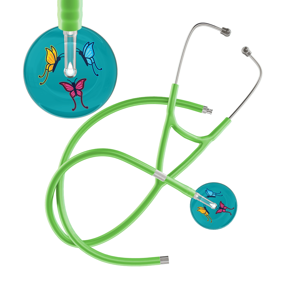 Ultrascope Single Stethoscope Teal Butterflies / Adult / Lime Green Extended Tubing Dark Butterflies Cardiology Stethoscope