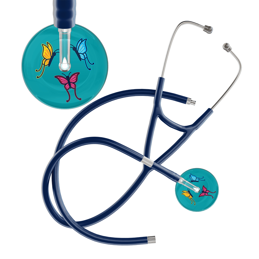 Ultrascope Single Stethoscope Teal Butterflies / Adult / Navy Extended Tubing Dark Butterflies Cardiology Stethoscope