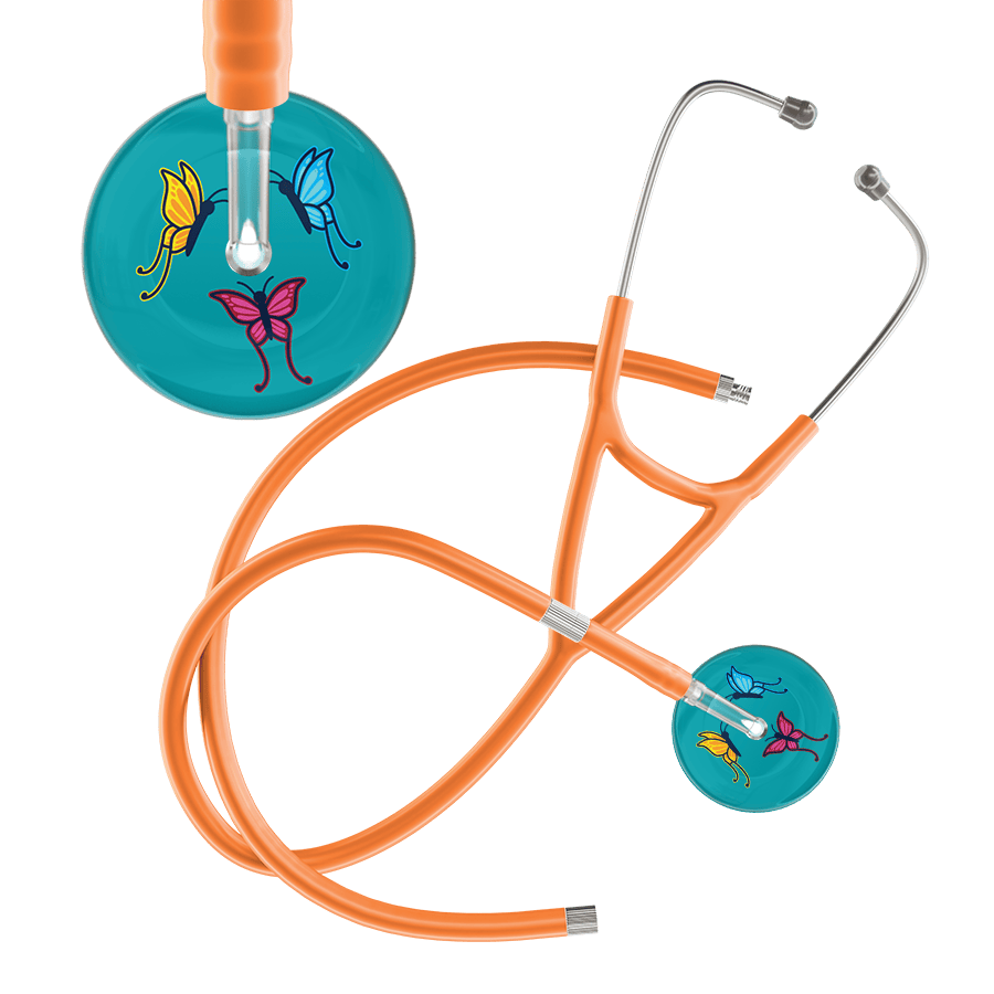 Ultrascope Single Stethoscope Teal Butterflies / Adult / Orange Extended Tubing Dark Butterflies Cardiology Stethoscope