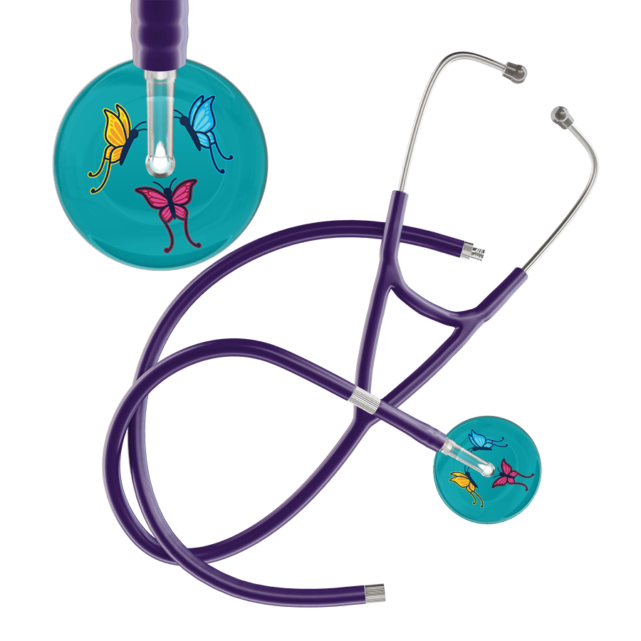 Ultrascope Single Stethoscope Teal Butterflies / Adult / Purple Extended Tubing Dark Butterflies Cardiology Stethoscope