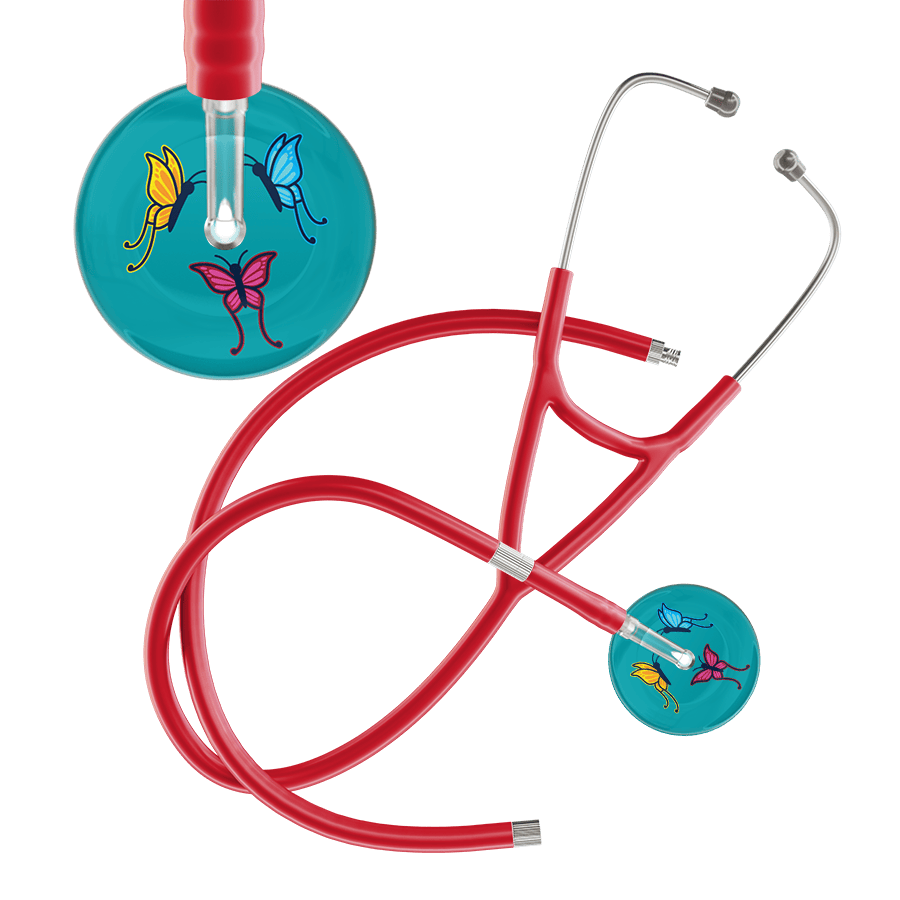 Ultrascope Single Stethoscope Teal Butterflies / Adult / Red Extended Tubing Dark Butterflies Cardiology Stethoscope