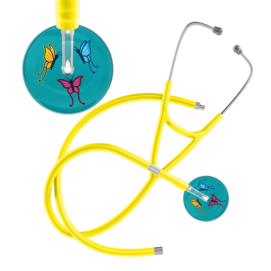 Ultrascope Single Stethoscope Teal Butterflies / Adult / Yellow Extended Tubing Dark Butterflies Cardiology Stethoscope