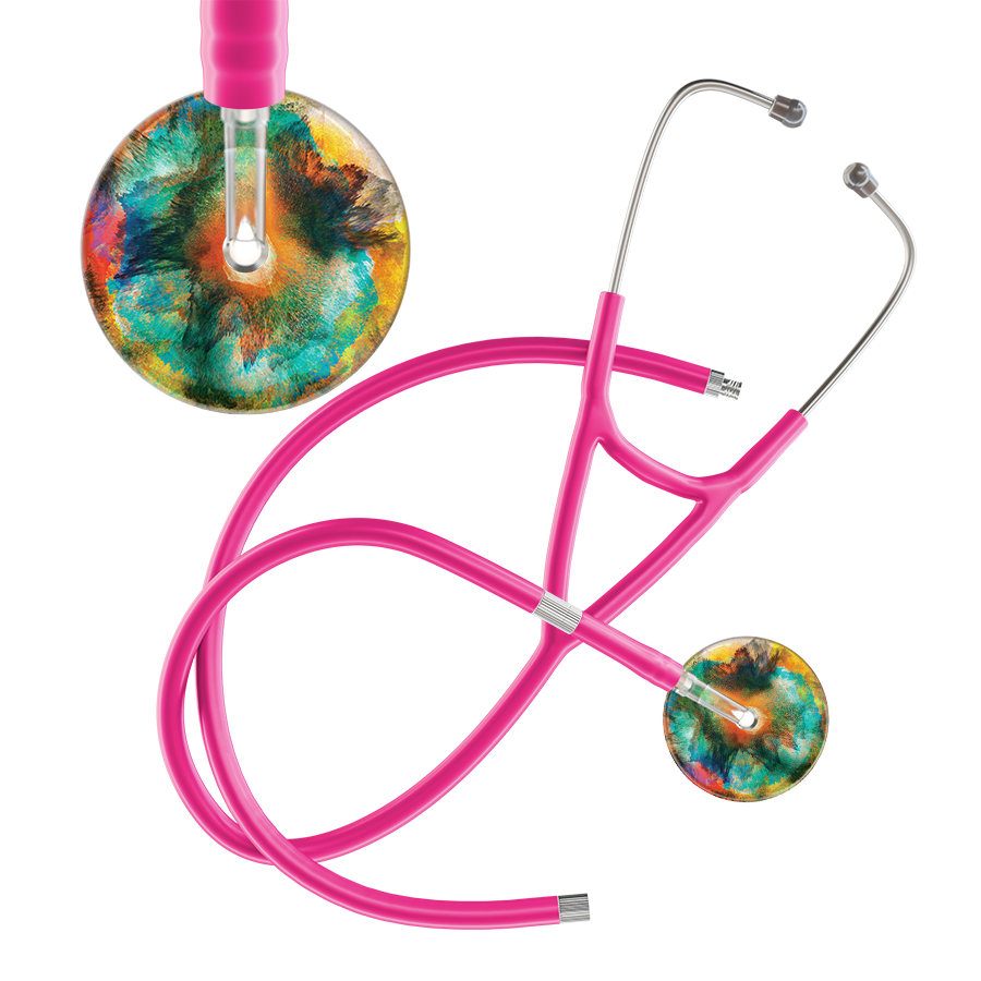 Ultrascope Single Stethoscope US076A1 / Adult / Hot Pink Extended Tubing TieDye Multi Color Stethoscope - Cardiology Watercolor Designs