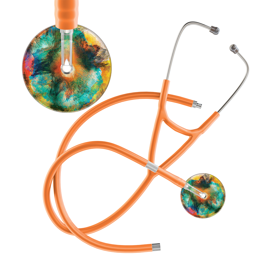 Ultrascope Single Stethoscope US076A1 / Pediatric / Orange Extended Tubing TieDye Multi Color Stethoscope - Cardiology Watercolor Designs