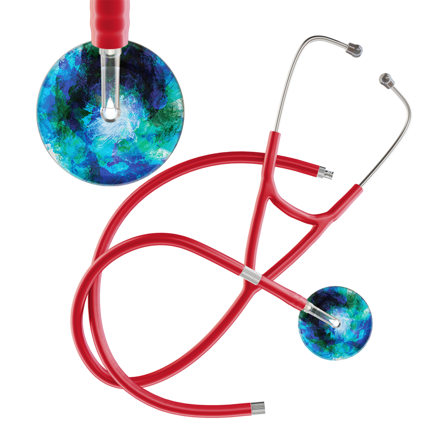 Ultrascope Single Stethoscope US076B2 / Pediatric / Red Extended Tubing TieDye Multi Color Stethoscope - Cardiology Watercolor Designs