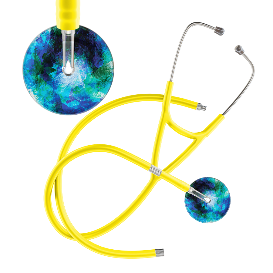 Ultrascope Single Stethoscope US076B2 / Pediatric / Yellow Extended Tubing TieDye Multi Color Stethoscope - Cardiology Watercolor Designs