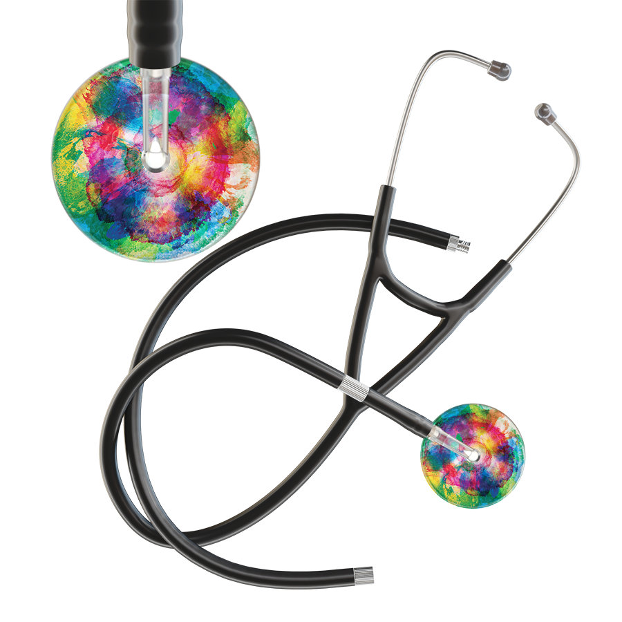 Ultrascope Single Stethoscope US076C3 / Adult / Black Extended Tubing TieDye Multi Color Stethoscope - Cardiology Watercolor Designs