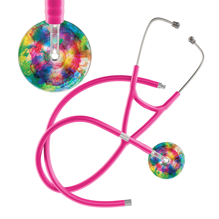 Ultrascope Single Stethoscope US076C3 / Adult / Hot Pink Extended Tubing TieDye Multi Color Stethoscope - Cardiology Watercolor Designs