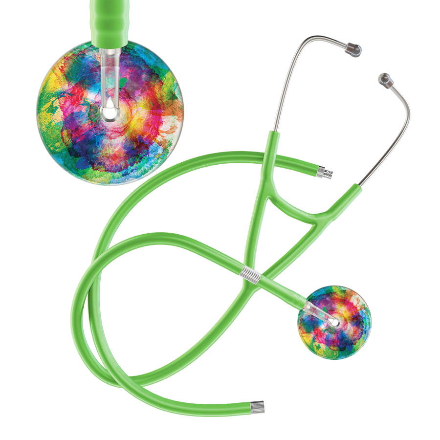 Ultrascope Single Stethoscope US076C3 / Adult / Lime Green Extended Tubing TieDye Multi Color Stethoscope - Cardiology Watercolor Designs