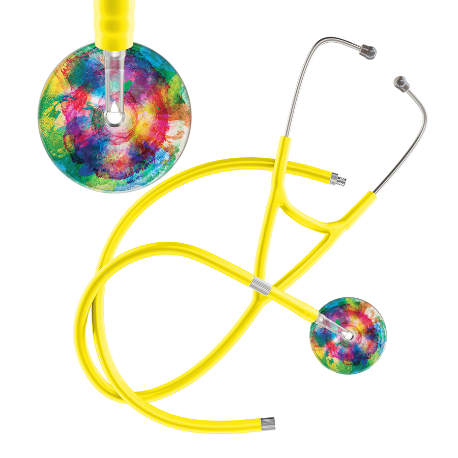 Ultrascope Single Stethoscope US076C3 / Adult / Yellow Extended Tubing TieDye Multi Color Stethoscope - Cardiology Watercolor Designs