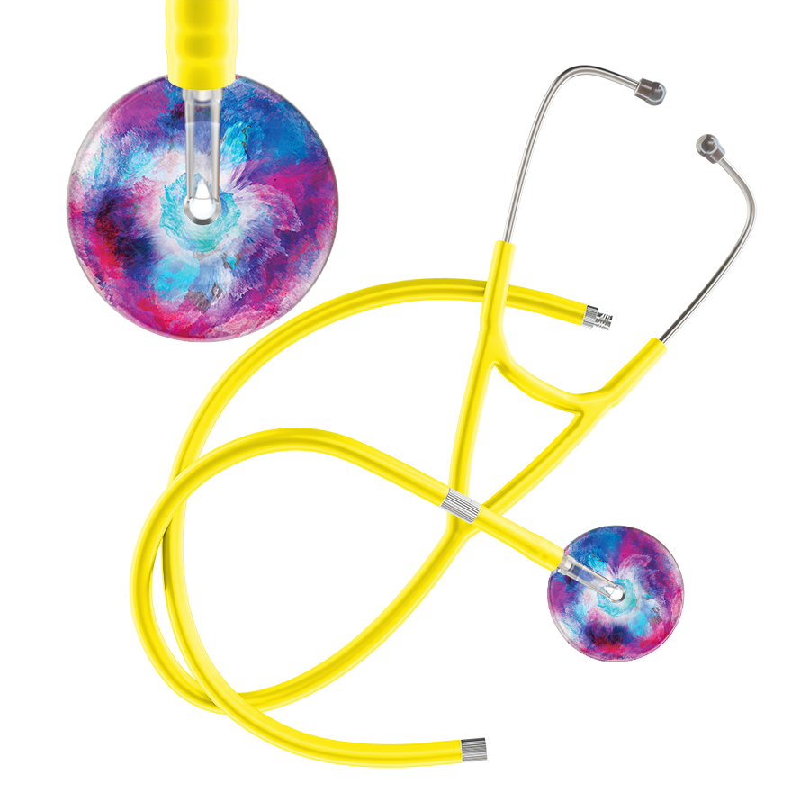Ultrascope Single Stethoscope US076H8 / Pediatric / Yellow Extended Tubing TieDye Multi Color Stethoscope - Cardiology Watercolor Designs