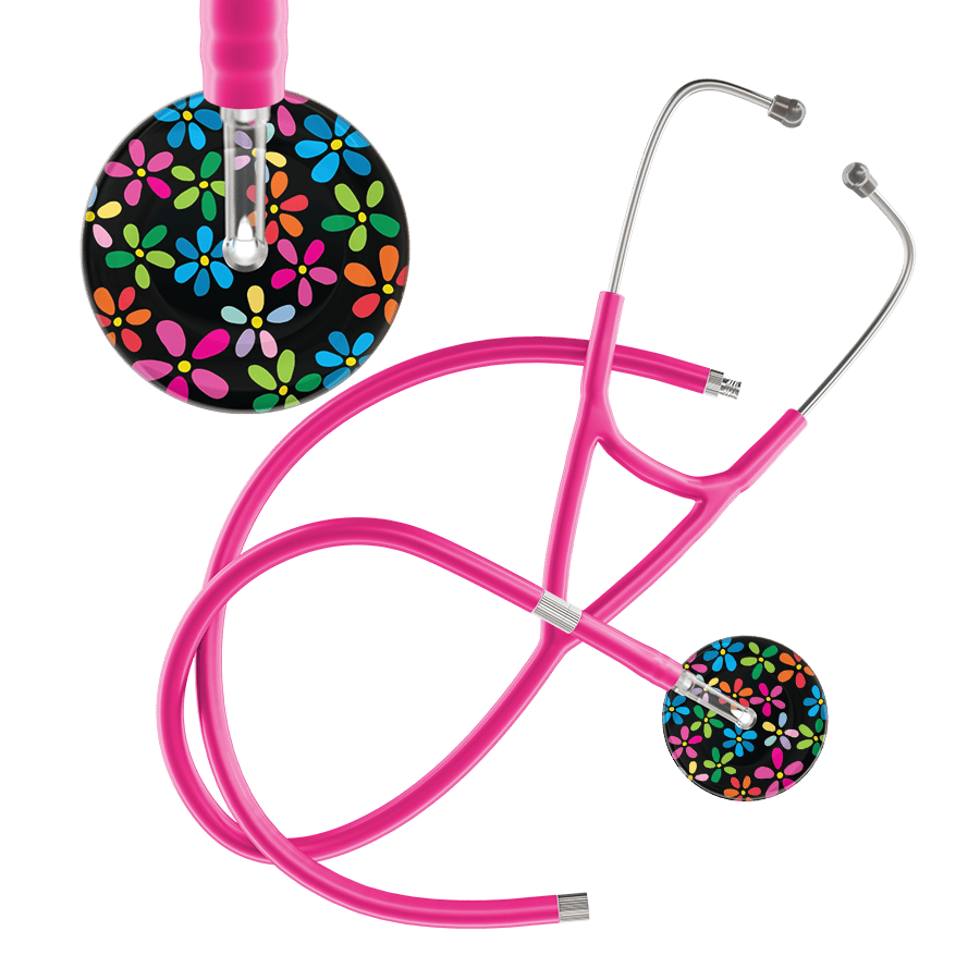 Ultrascope Single Stethoscope Black Flower Power / Adult / Hot Pink Extended Tubing Dark Flower Power Cardiology Stethoscope