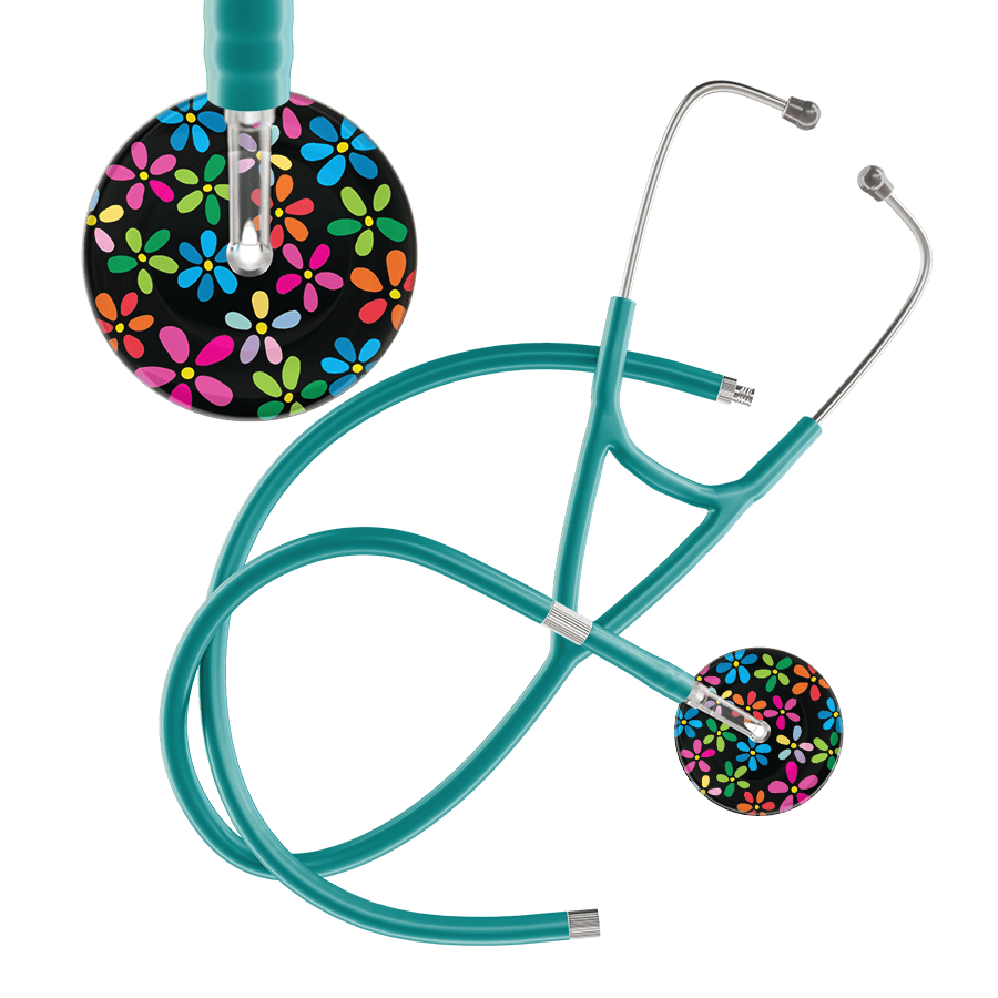 Ultrascope Single Stethoscope Black Flower Power / Adult / Jade Extended Tubing Dark Flower Power Cardiology Stethoscope