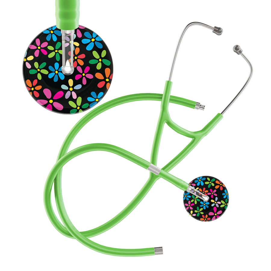 Ultrascope Single Stethoscope Black Flower Power / Adult / Lime Green Extended Tubing Dark Flower Power Cardiology Stethoscope