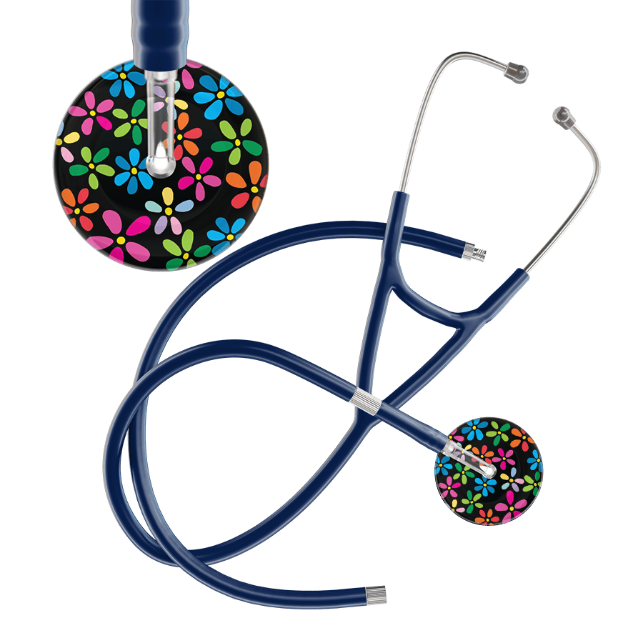 Ultrascope Single Stethoscope Black Flower Power / Adult / Navy Extended Tubing Dark Flower Power Cardiology Stethoscope
