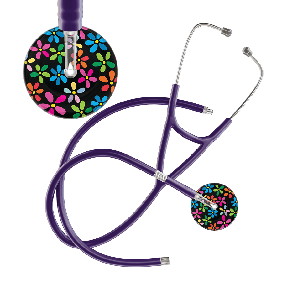 Ultrascope Single Stethoscope Black Flower Power / Adult / Purple Extended Tubing Dark Flower Power Cardiology Stethoscope