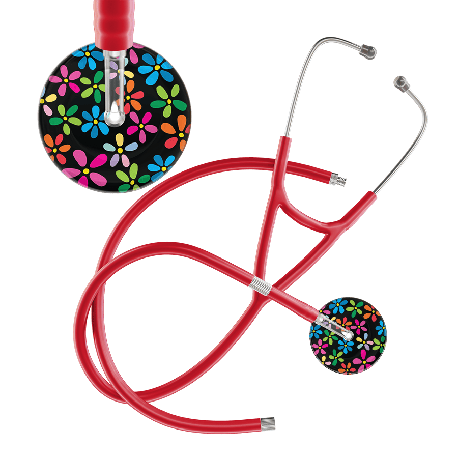 Ultrascope Single Stethoscope Black Flower Power / Adult / Red Extended Tubing Dark Flower Power Cardiology Stethoscope