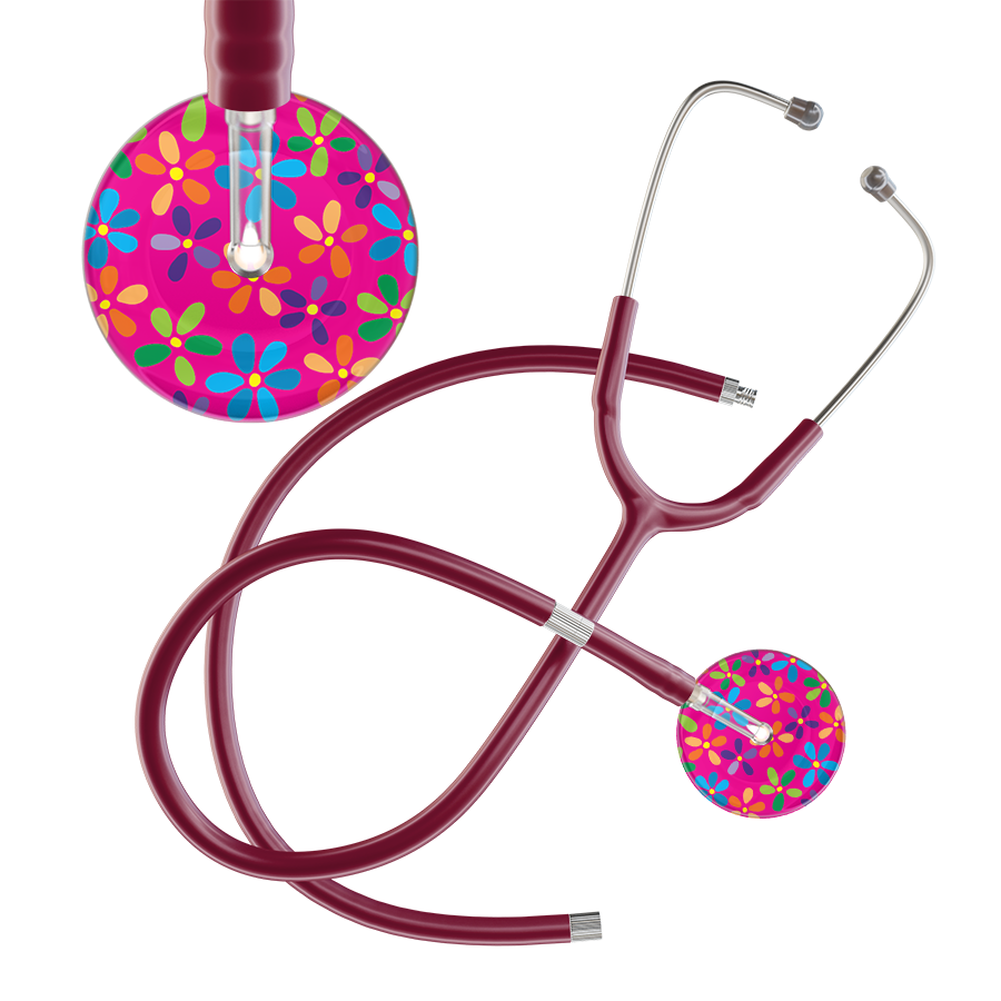 Ultrascope Single Stethoscope Hot Pink Flower Power / Adult / Burgundy Extended Tubing Light Flower Power Stethoscope